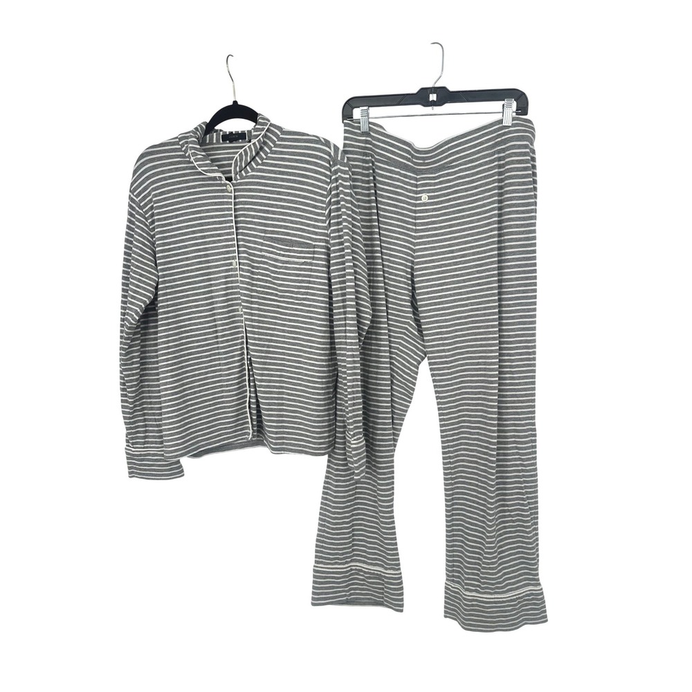 J.Crew Pajama Set Women L Gray Striped Long Sleeve Button Up Pants Loungewear
